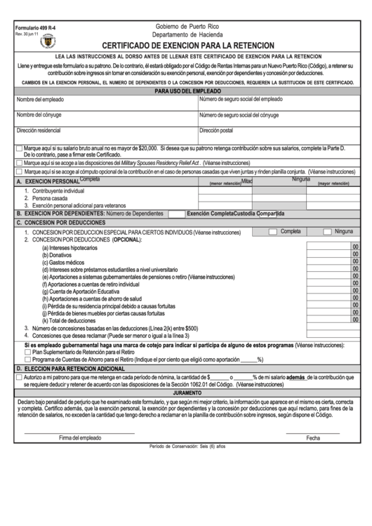 Formulario 499 R4 Certificado De Exencion Para La Retencion Puerto Rico Departamento De