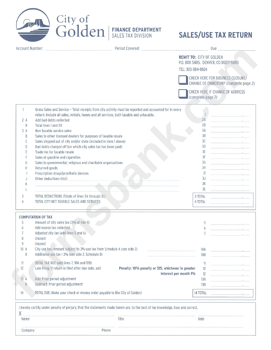 Sales/use Tax Return Form City Of Golden Sales Tax Division printable