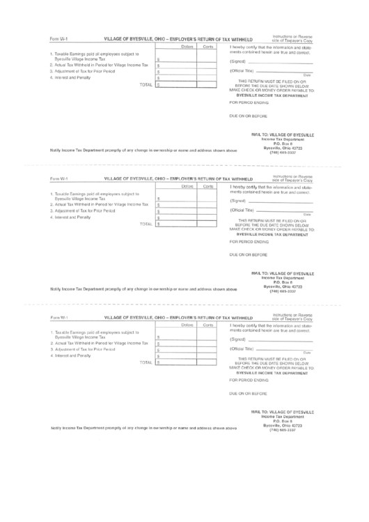 Form W1 Employer'S Return Of Tax Withheld Village Of Byesville
