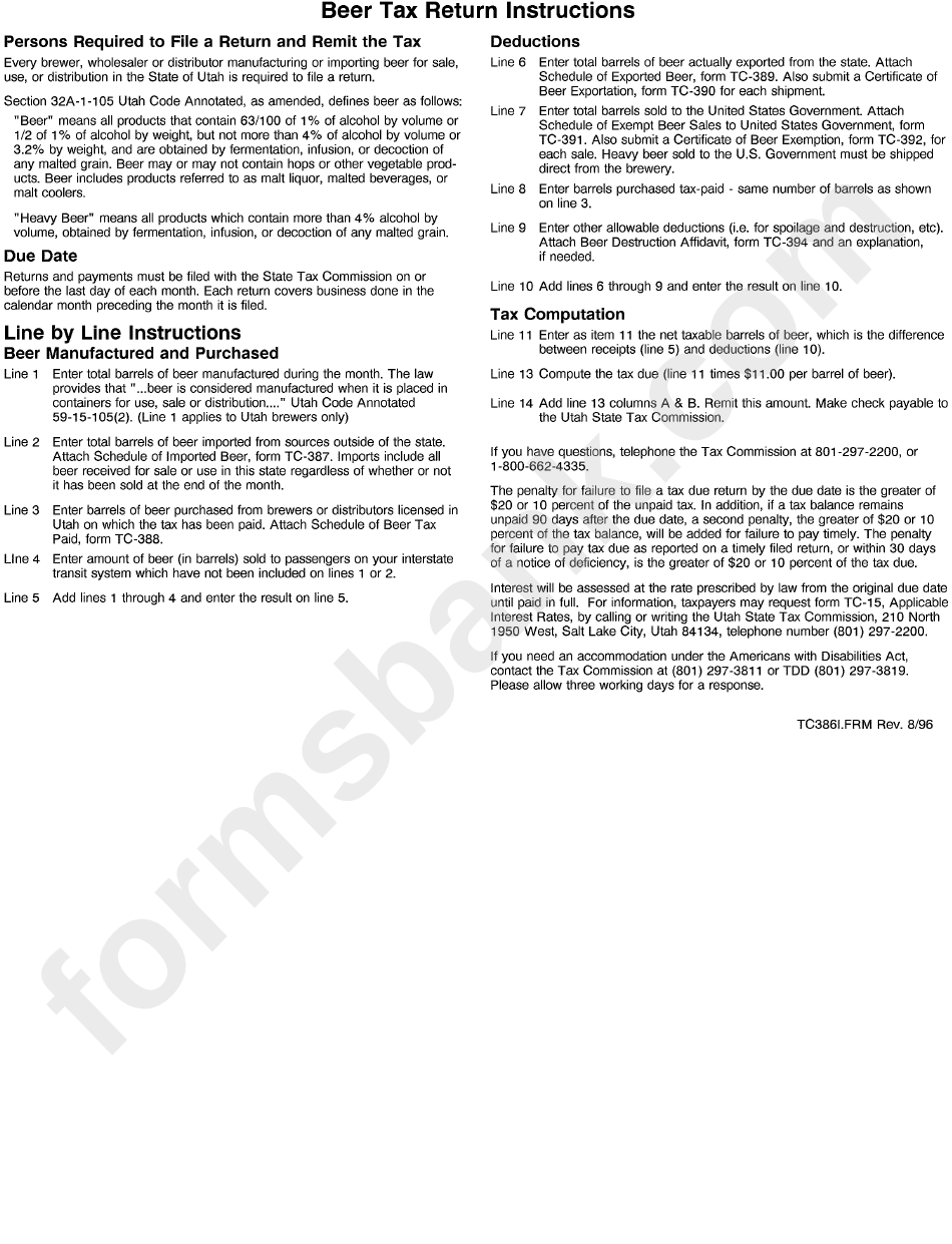 Beer Tax Return Instructions printable pdf download