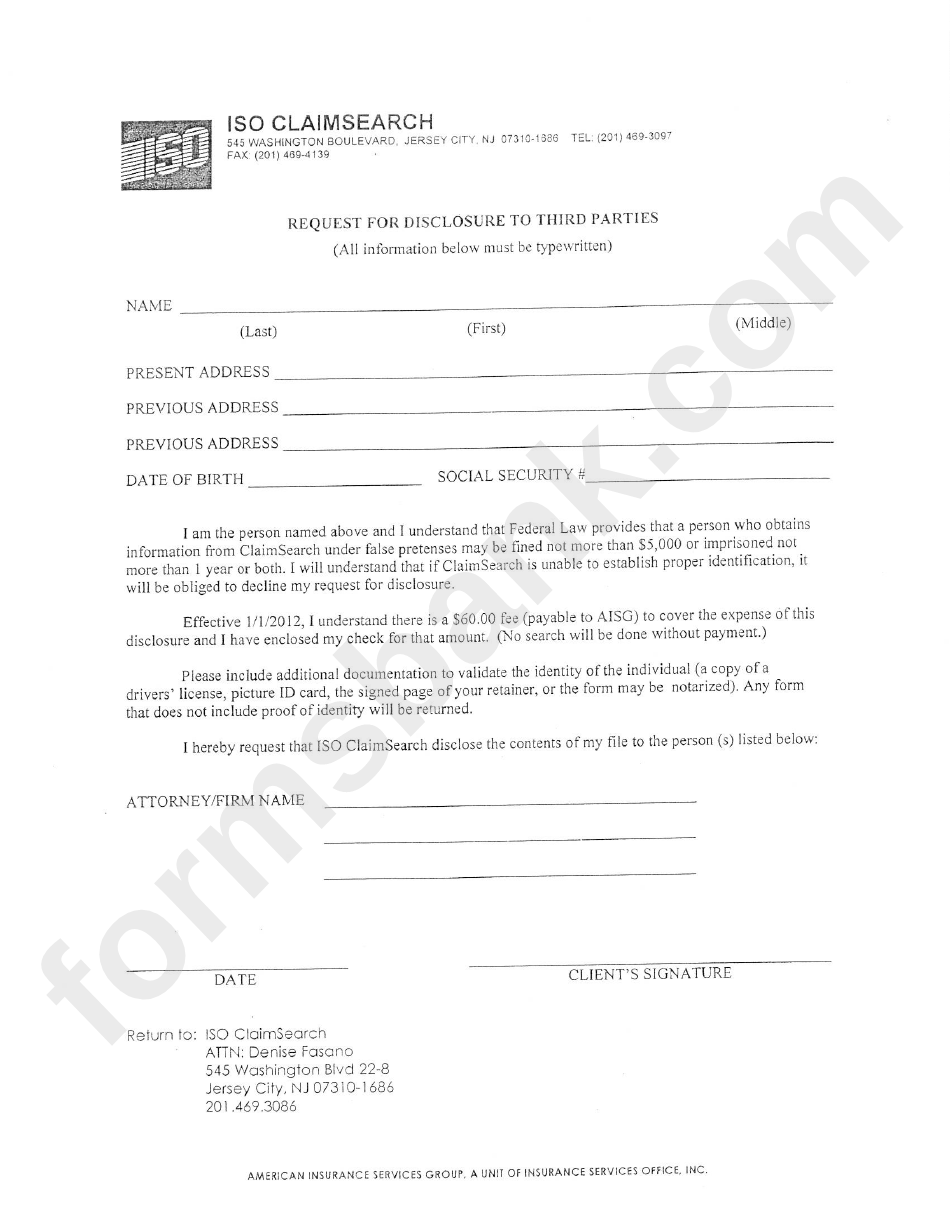 Iso Claimsearch Request For Disclosure To Third Parties printable pdf