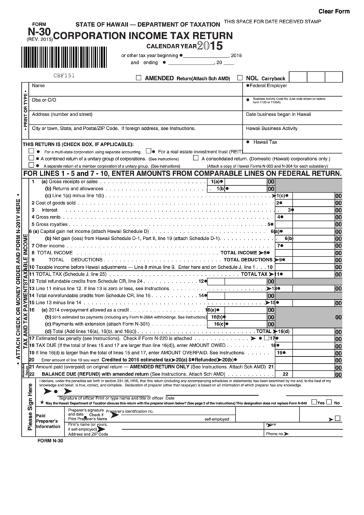 Fillable Form N30 Corporation Tax Return 2015 printable pdf