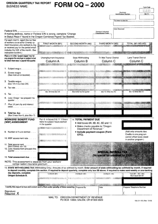 Form Oq Oregon Quarterly Tax Report 2000 printable pdf