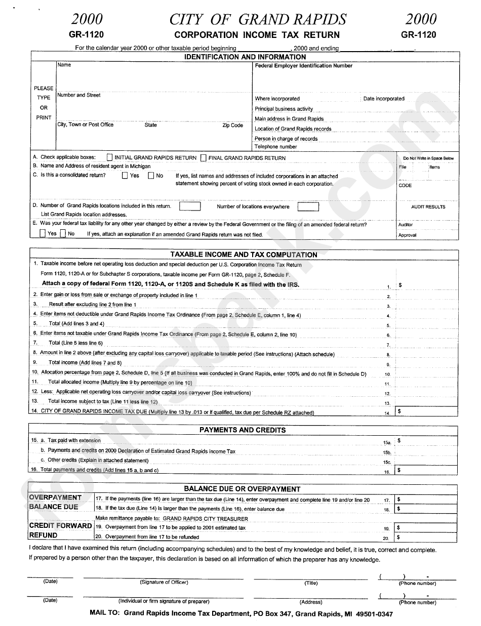 Form Gr1120 Corporation Tax Return 2000 printable pdf download