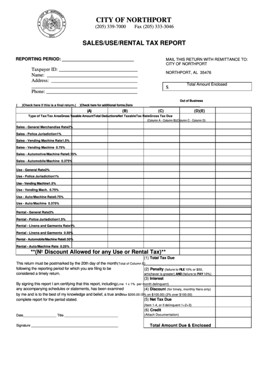 Sales/use/rental Tax Report Form City Of Northport printable pdf download