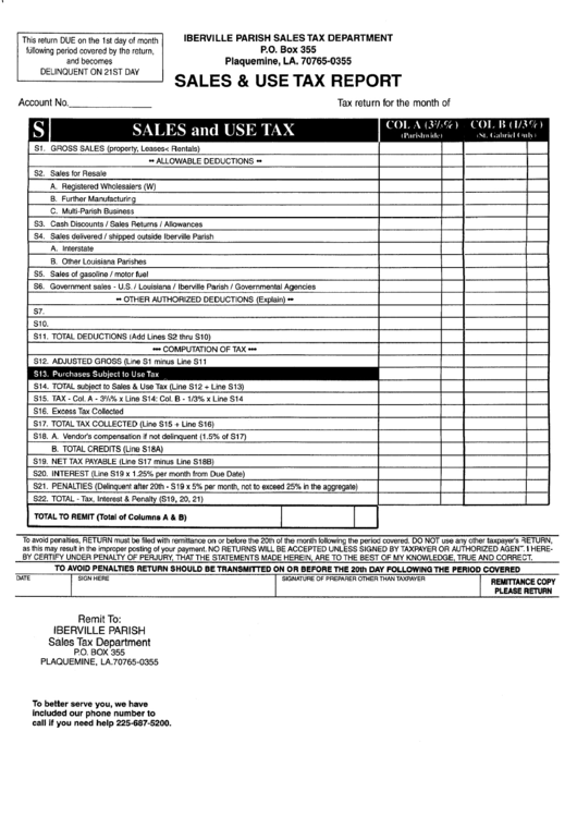Sales And Use Tax Report Form Iberville Parish Sales Tax Department