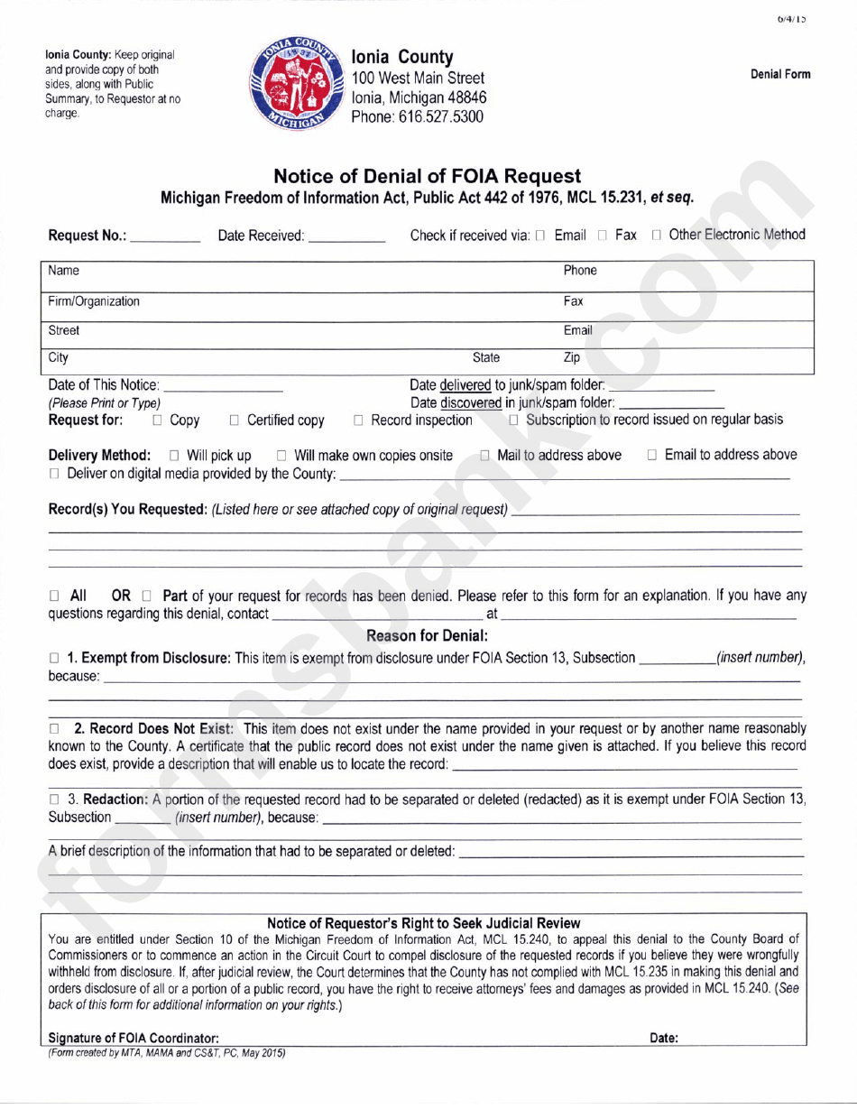 Notice Of Denial Of Foia Request Ionia County printable pdf download