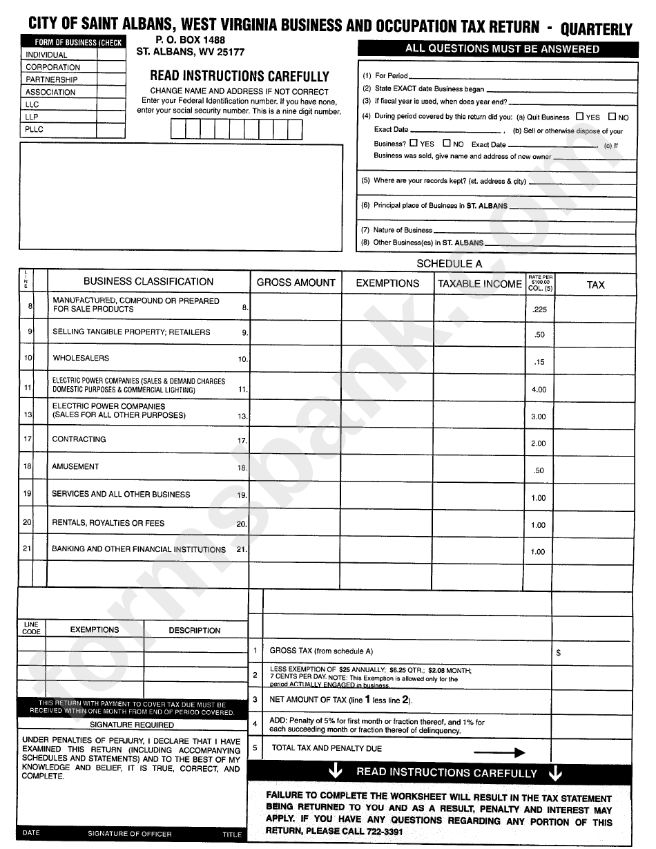 Business And Occupation Tax Return Quarterly printable pdf download