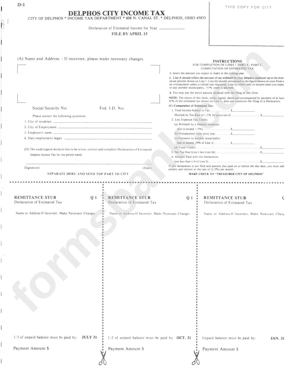 Form D1 Tax Delphos City printable pdf download