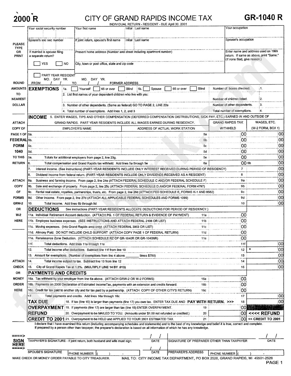 Form Gr1040 R Tax City Of Grand Rapids 2000 printable pdf