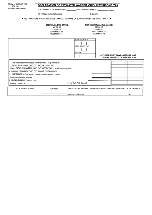 Form 01 Declaration Of Estimated Tax City Of Warren