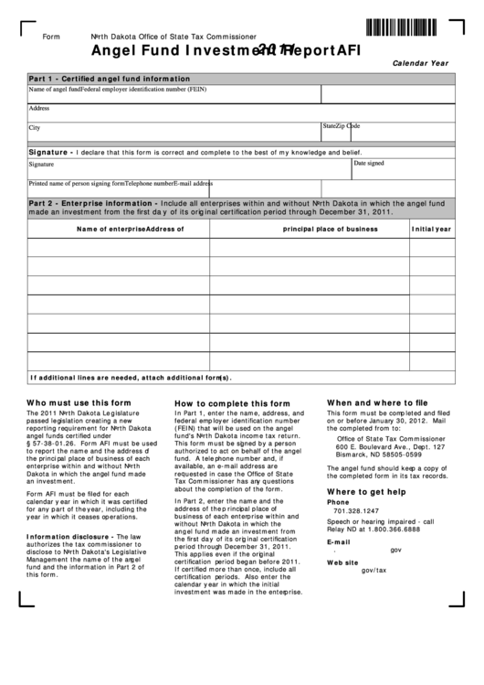 Fillable Form Afi Angel Fund Investment Report North Dakota Office Of State Tax Commissioner