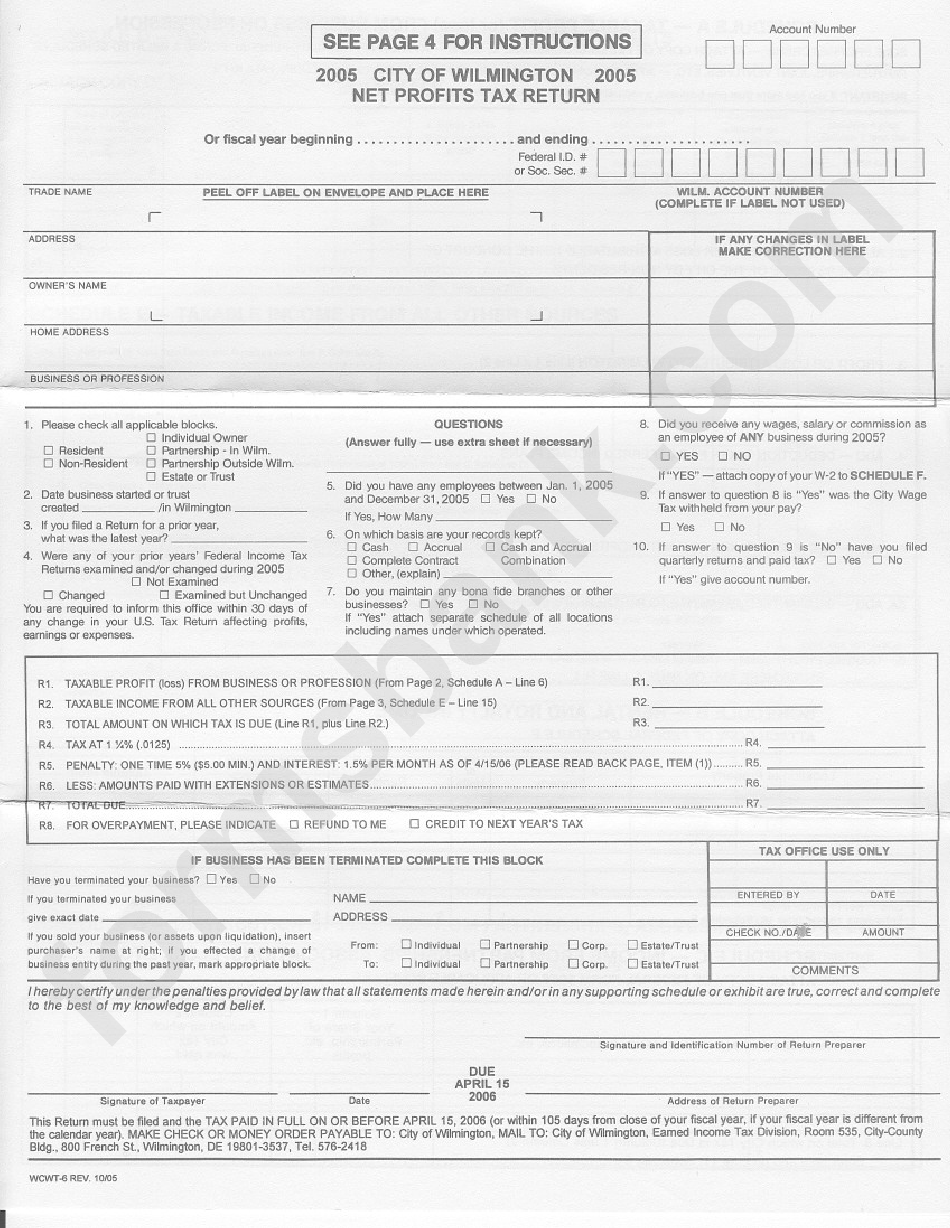 Net Profits Tax Return City Of Wilmington 2005 printable pdf download