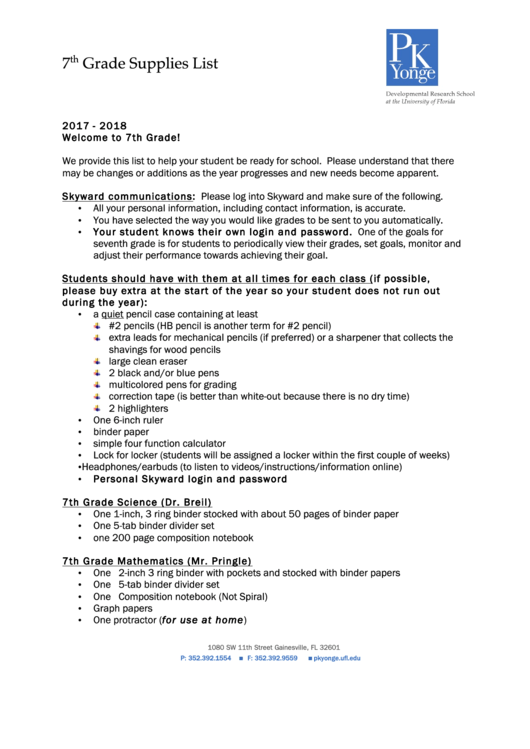 Classroom Supply Lists 2022-2023 / 7th Grade Classroom.