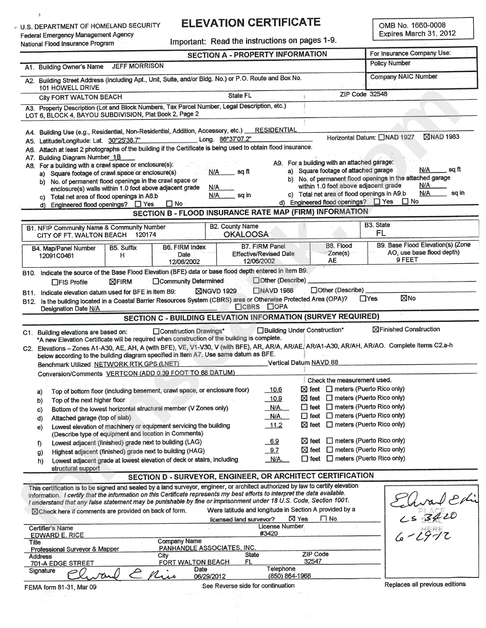 Fillable Form 8131 Fema Evaluation Certificate U.s. Department Of
