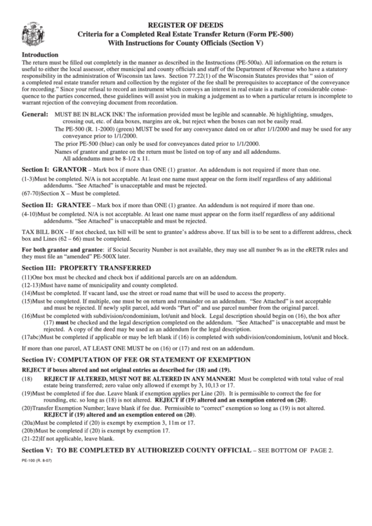 Form Pe100 Register Of Deeds Criteria For A Completed Real Estate Transfer Return (Form Pe