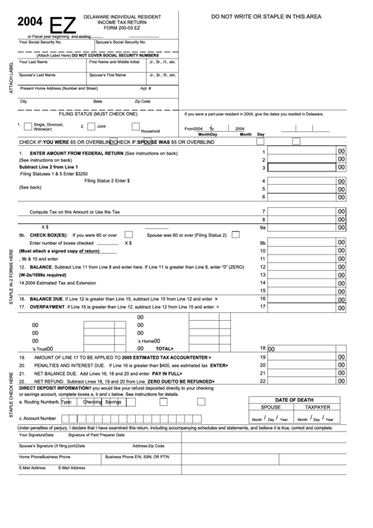 Form 20003 Ez Delaware Individual Resident Tax