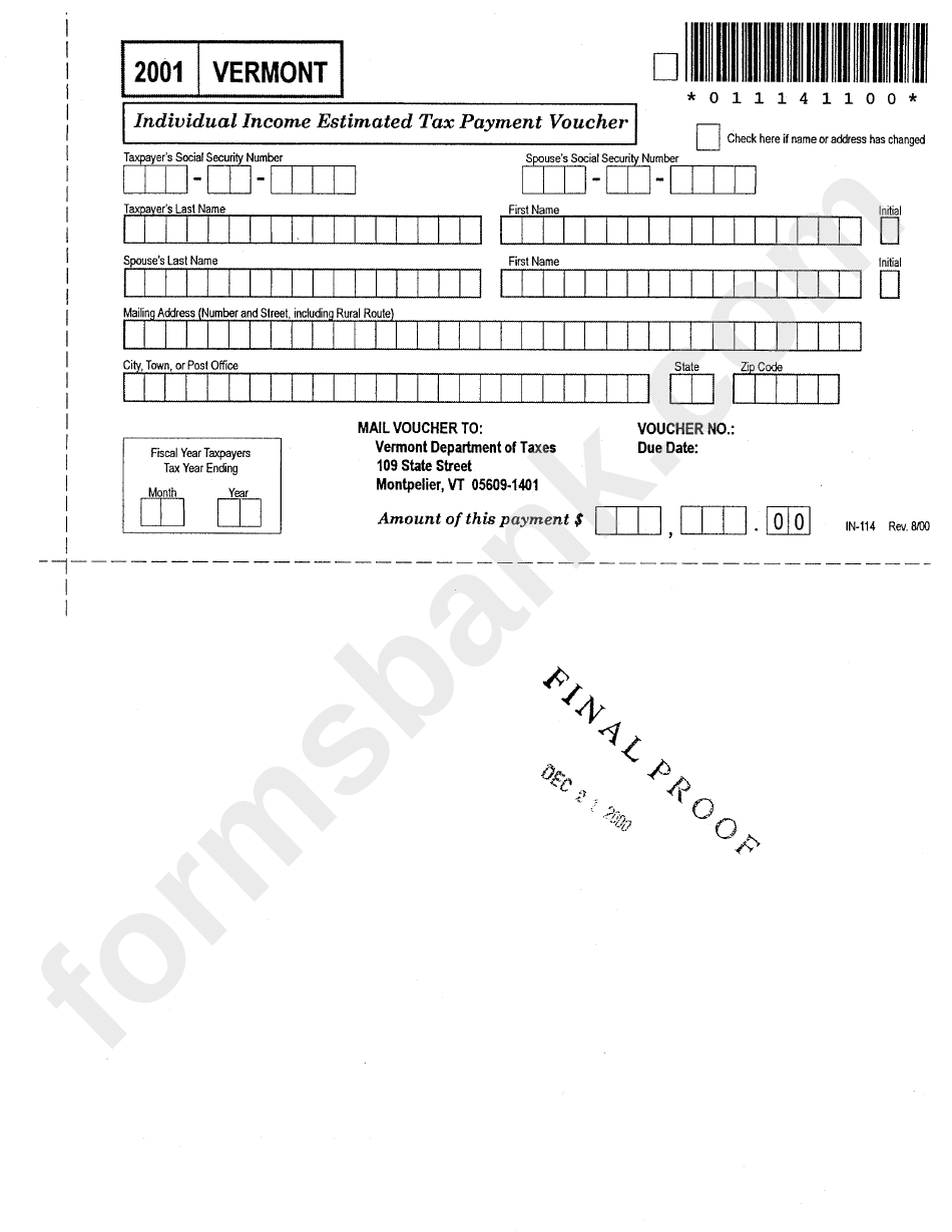 Form In114 Individual Estimated Tax Payment Voucher 2001