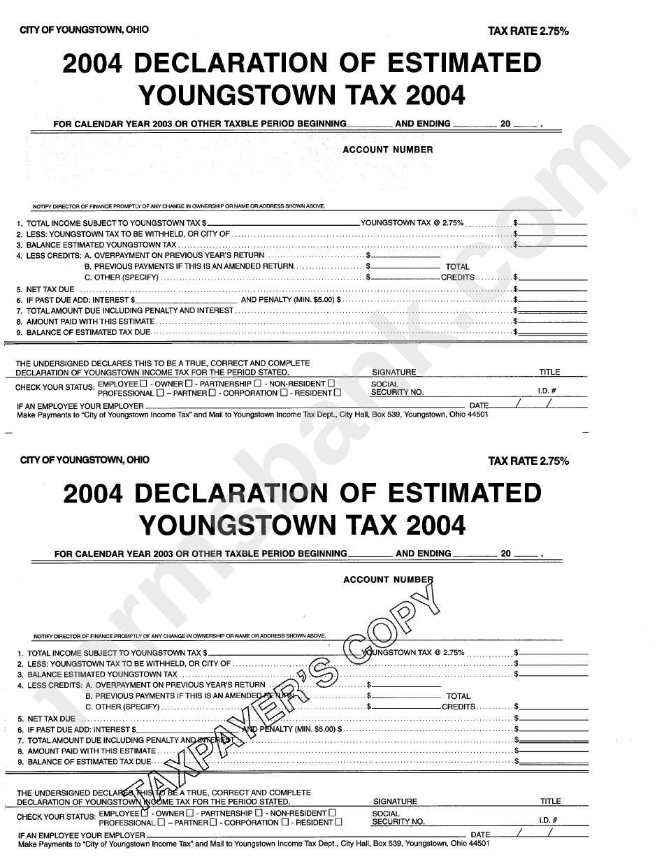 Declaration Of Estimated Youngstown Tax 2004 printable pdf download