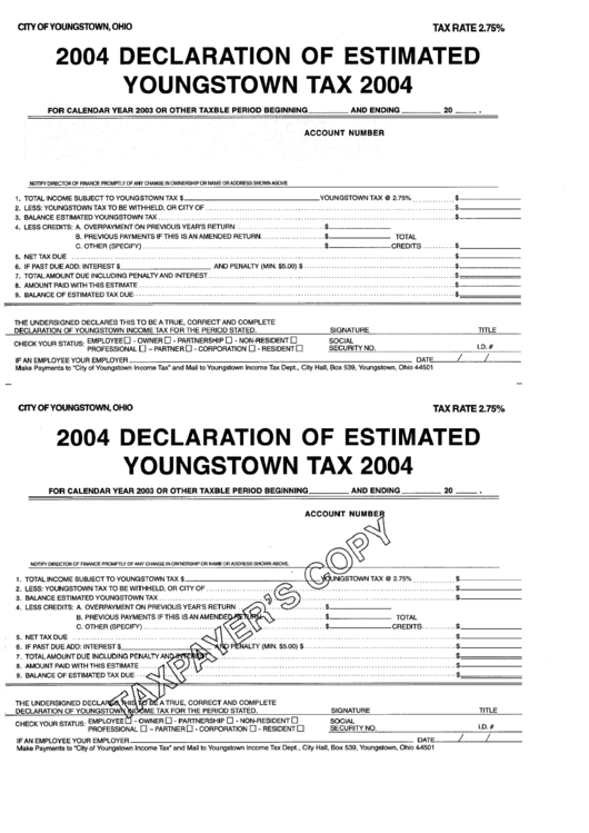 Declaration Of Estimated Youngstown Tax 2004 printable pdf download