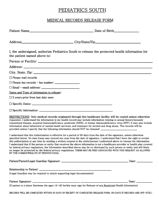 Medical Records Release Form printable pdf download