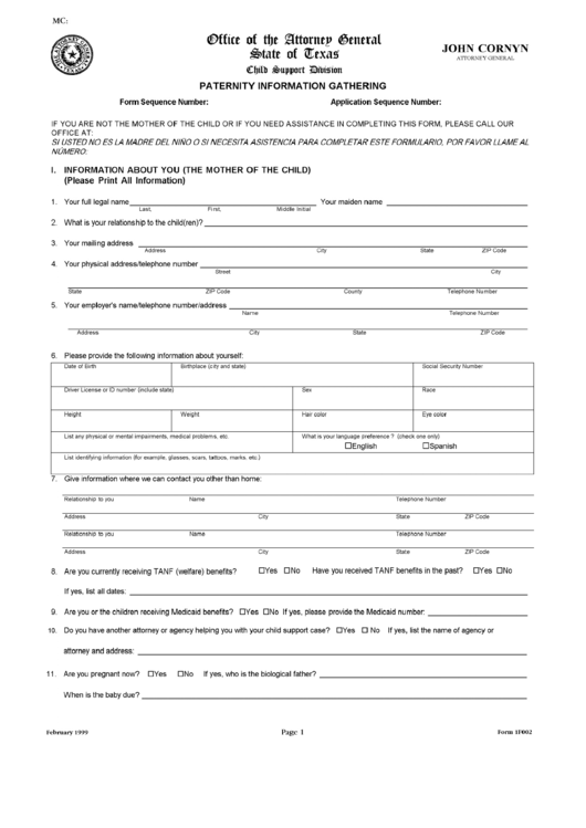 Form 1f002 Paternity Information Gathering Texas Office Of The