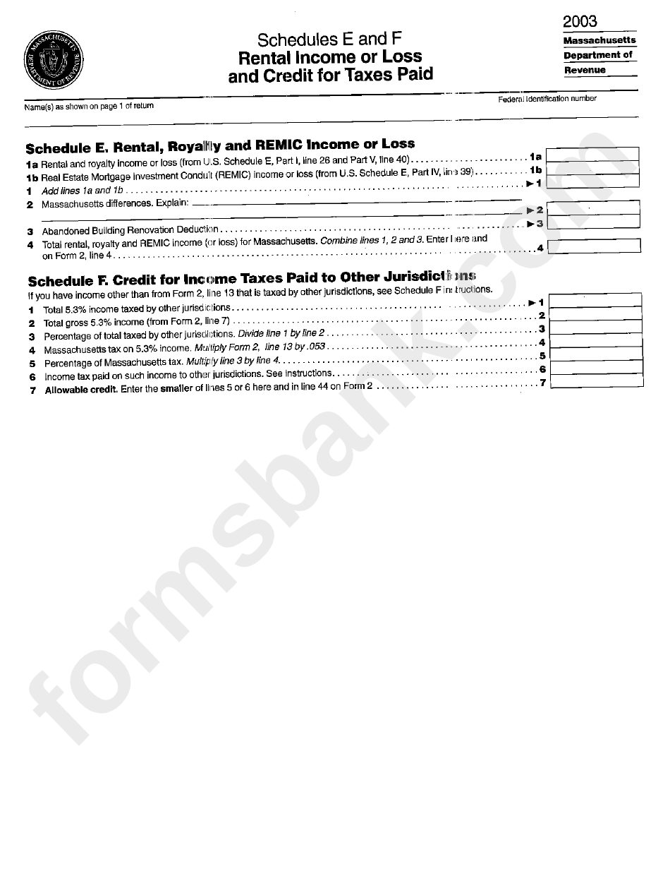 Schedules E And F Rental Or Loss And Credit For Taxes Paid