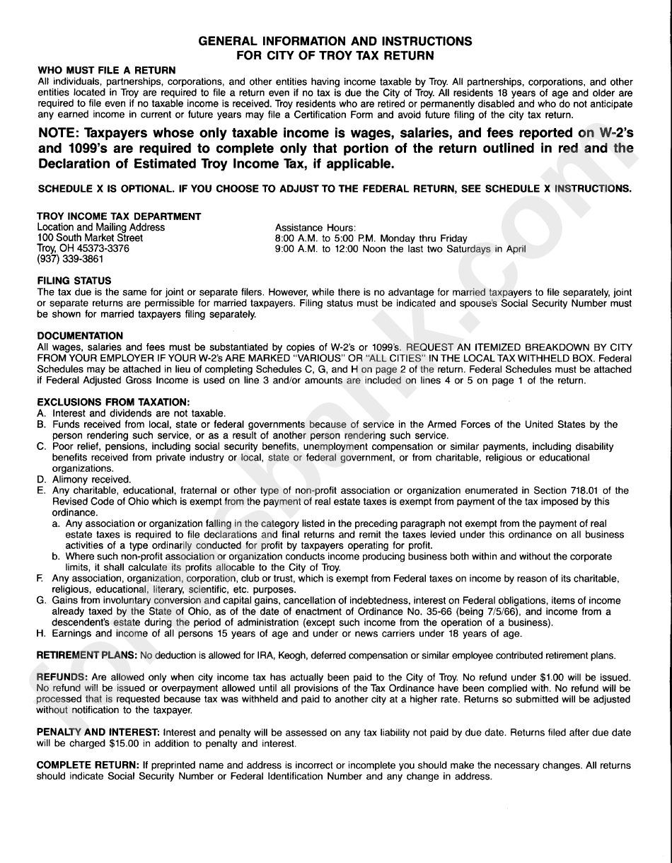 General Information And Instructions For City Of Troy Tax Return Troy