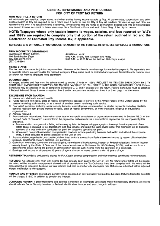 General Information And Instructions For City Of Troy Tax Return Troy