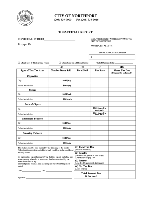 Tobacco Tax Report Form City Of Northport printable pdf download