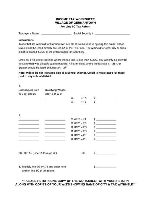 Tax Worksheet Village Of Germantown printable pdf download