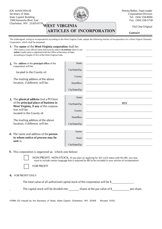 Fillable Form Cd1 West Virginia Articles Of Incorporation printable