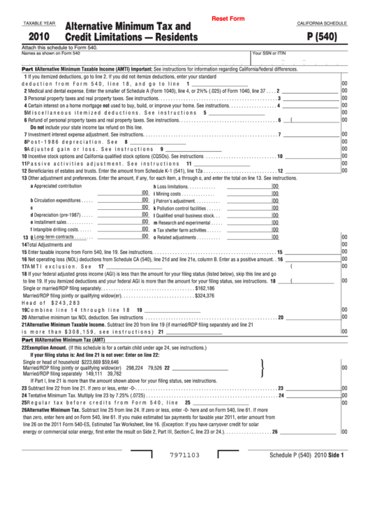 Fillable California Schedule P (540) Attach To Form 540 Alternative