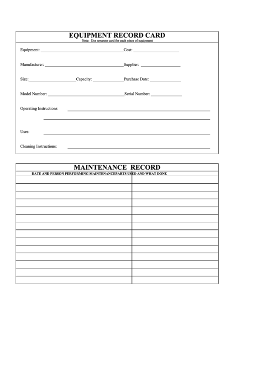 Equipment Record Card And Maintenance Log printable pdf download