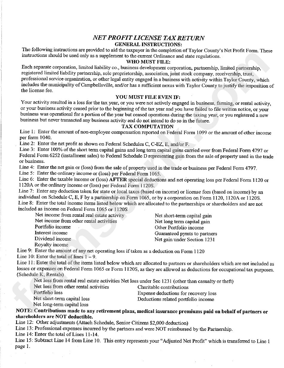 Instructions For Taylor County'S Net Profit License Tax Return Form