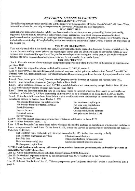 Instructions For Taylor County'S Net Profit License Tax Return Form