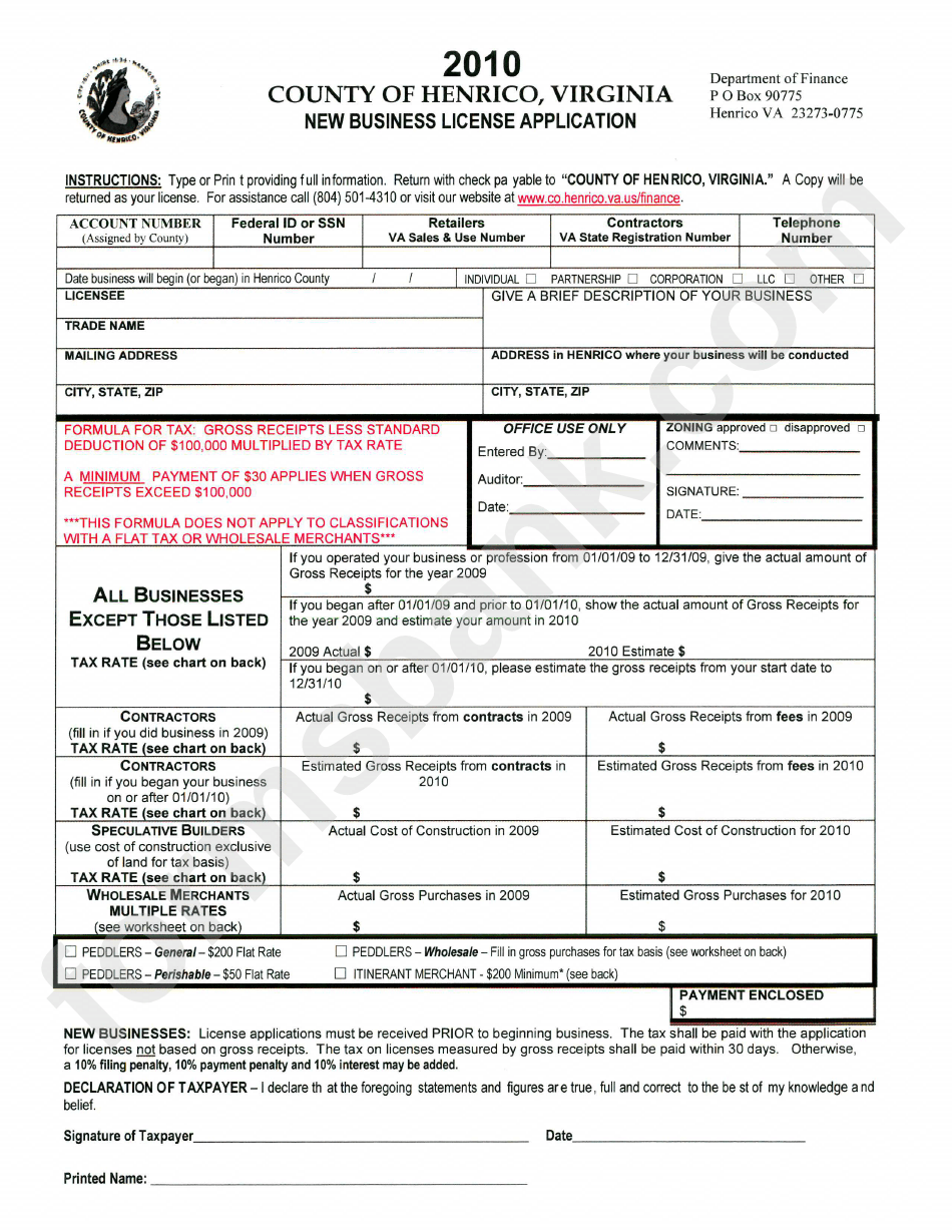 New Business License Application County Of Henrico, Virginia Department Of Finance 2010
