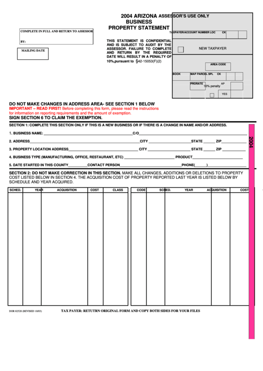 Form Dor 82520 Arizona Business Property Statement 2004 printable