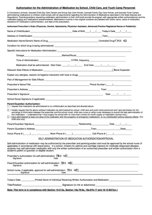 Authorization For The Administration Of Medication Form printable pdf