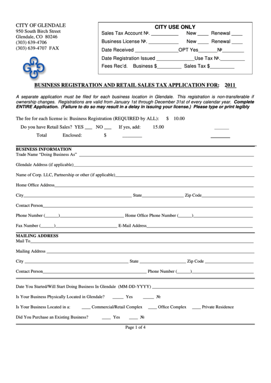 Fillable Business Registration And Retail Sales Tax Application Form