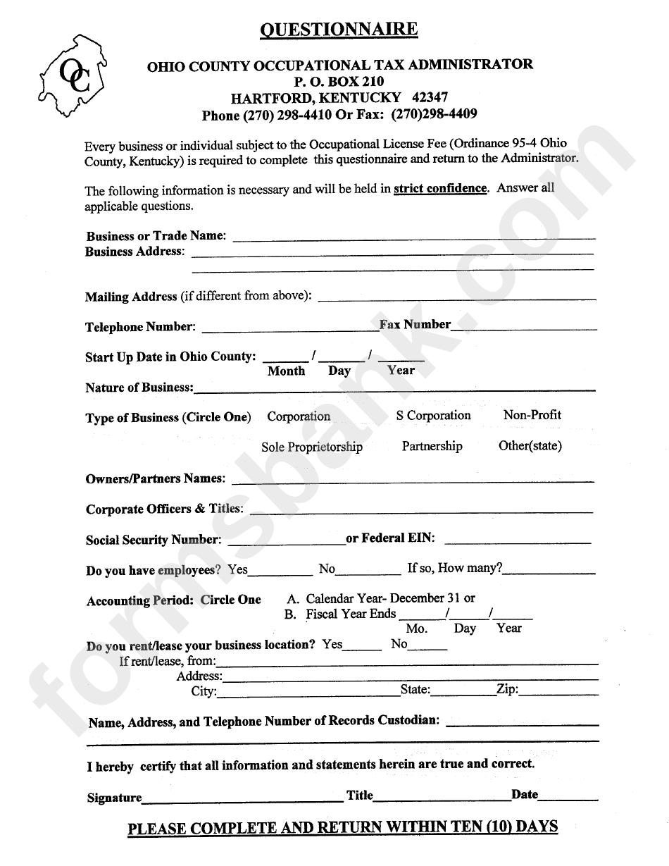 Questionnaire Ohio County Occupational Tax Administrator printable