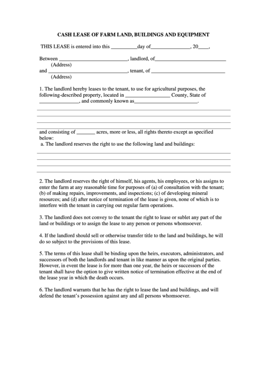 Fillable Cash Lease Of Farm Land, Buildings And Equipment Template