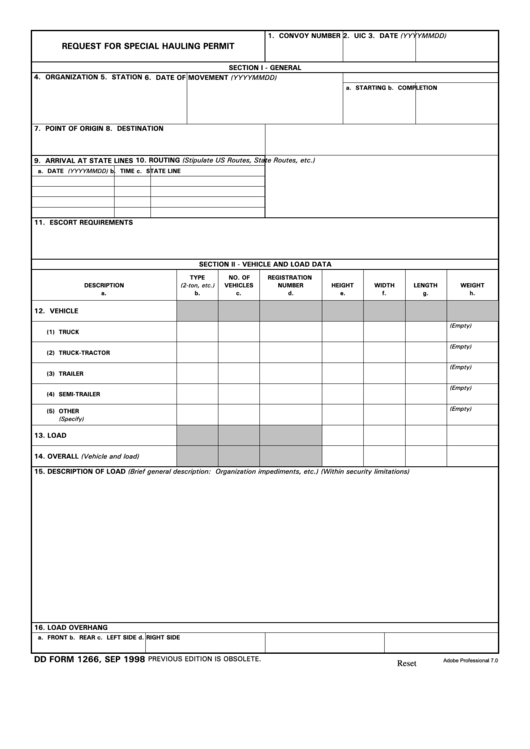 Fillable Dd Form 1266 Request For Special Hauling Permit printable
