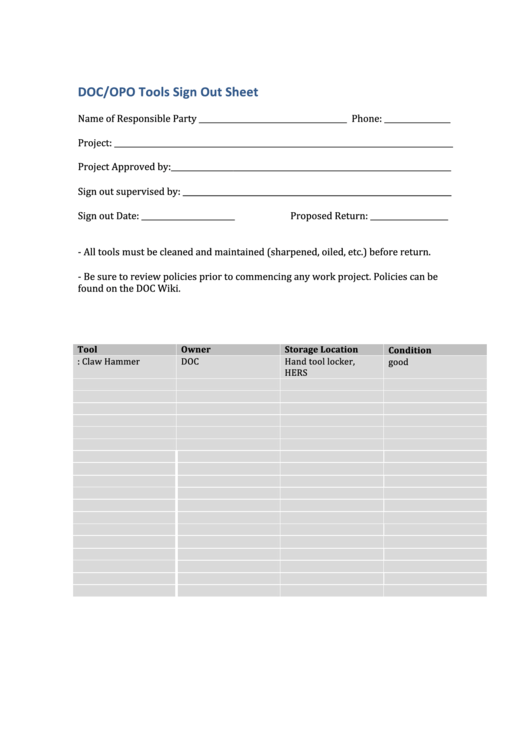 Top Tool Sign Out Sheets free to download in PDF format