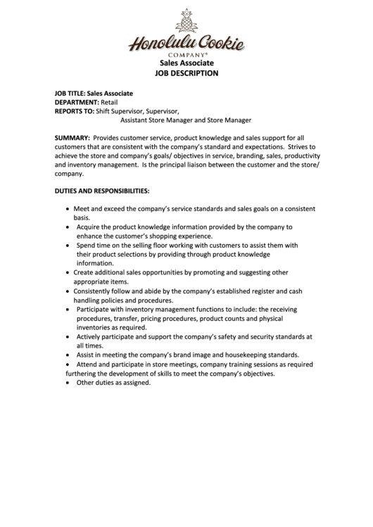 Sales Associate Job Description printable pdf download
