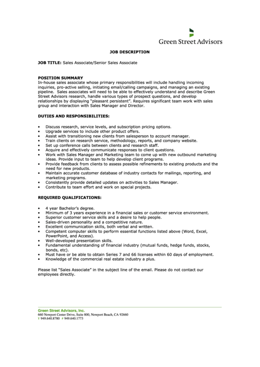 Sales Associate/senior Sales Associate Job Description printable pdf