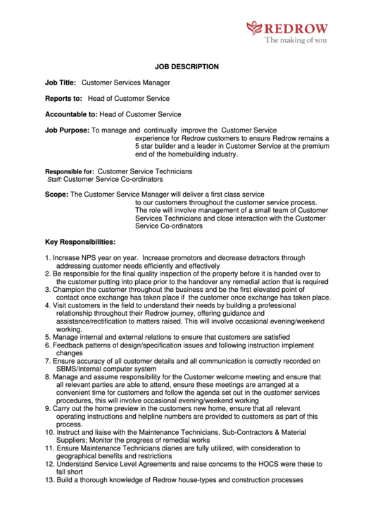 Customer Services Manager Job Description printable pdf download