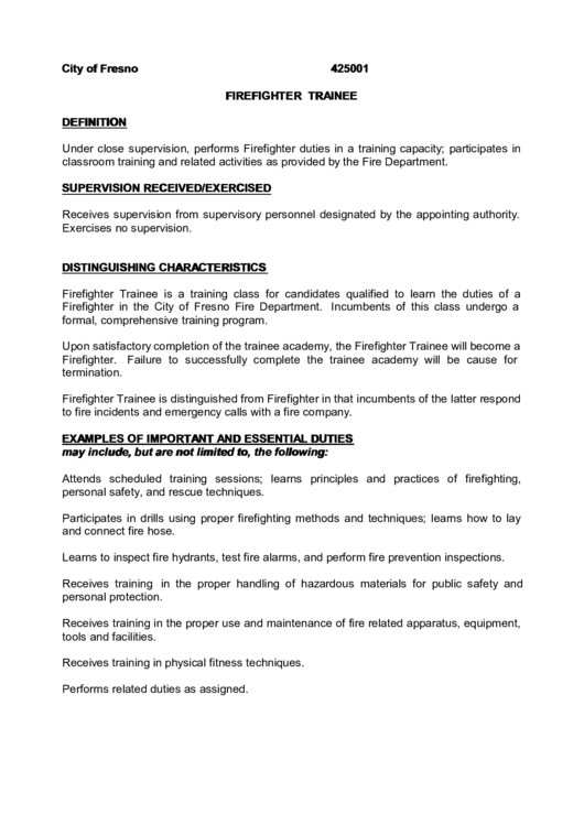 Job Description Firefighter Trainee printable pdf download