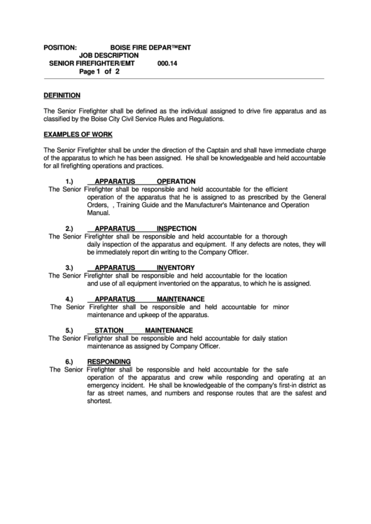 Senior Firefighter/emt Job Description printable pdf download