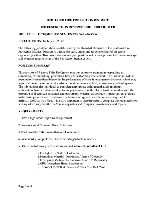 Berthoud Fire Protection District Job Description Reserve Shift